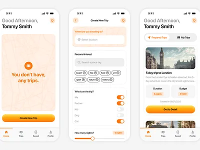 Travel Planning App – Create New Trip & Trip Detail UI Design app create detail empty figma location map mobile mobile app new trip plan product design search tag toggle travel trip ui ui design ux design