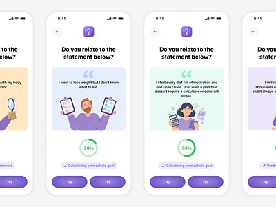 Nutrition Tracker App - Onboarding Flow & Questions Screen UI app figma fitness flow graphic design illustration mobile mobile app nutrition onboarding product design progress question quiz tracker ui ui design ux design