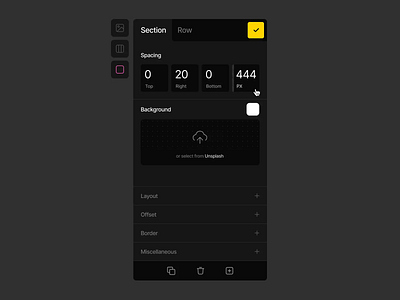 Design Editor Panel: Spacing & Background Control background settings dark dark mode dark tone design editor panel editorial design interface modern settings spacing control ui ui builder user user experience user interface ux