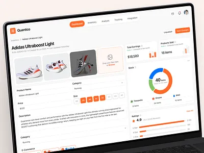 Quantico - Detail Product Page analytics chart clean dashboard dashboard design detail page earnings ecommerce order pie chart product detail product management product sale sales shoes shop stock product store
