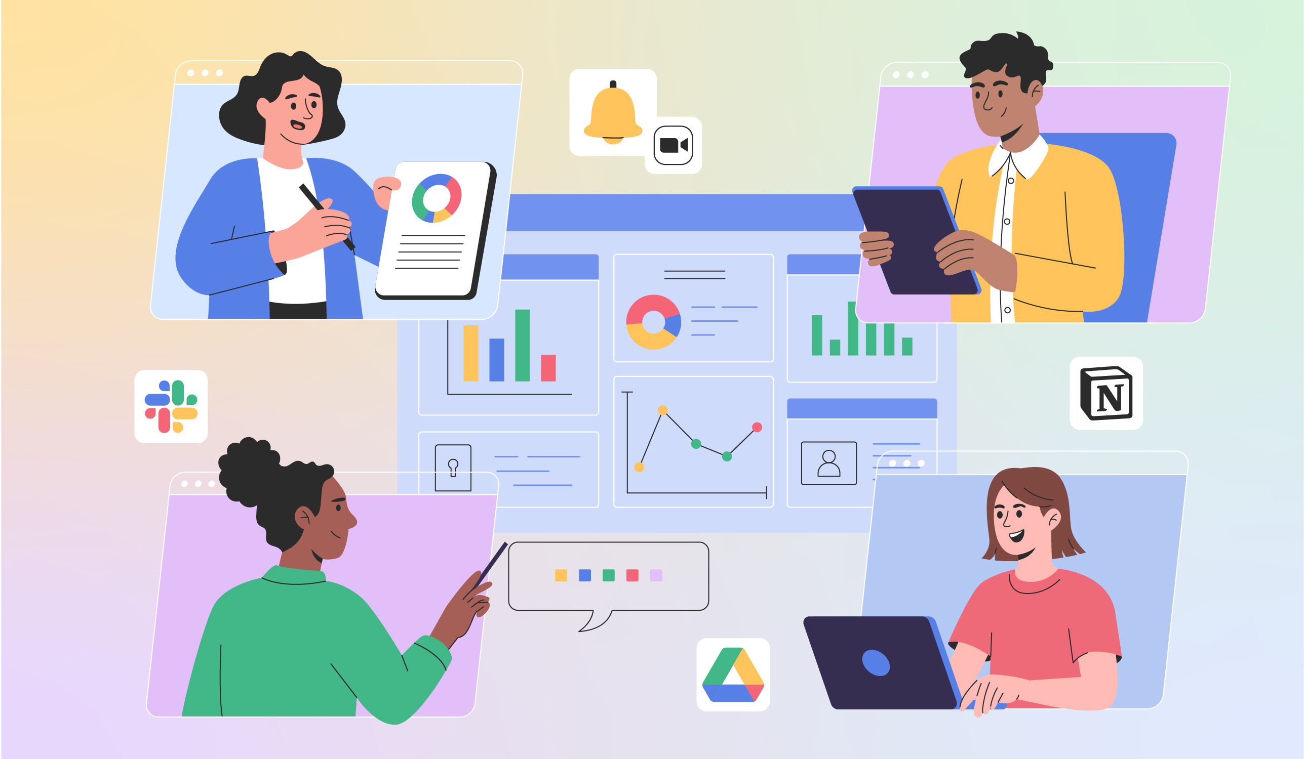 Flat Vector Illustration – Remote Team Collaboration character illustration collaboration flat illustration graphic design hero section illustration landing page modern flat office remote work teamwork ui header vector illustration web illustration