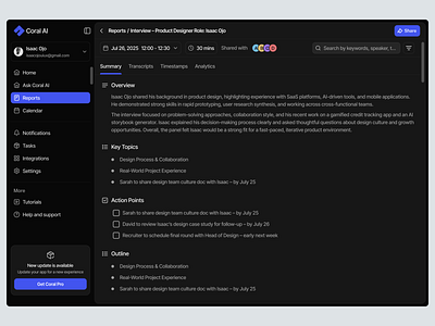 AI Meeting Summarizer ai app dashboard design saas ui ui design ux