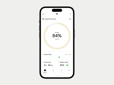 Solar Power Monitoring App app interface battery status data centered daylight monitor digital metrics eco interface energy tracker green tech minimal design mobile branding modern ux power control smart energy solar dashboard sunlight status sustainable app usage display user focused
