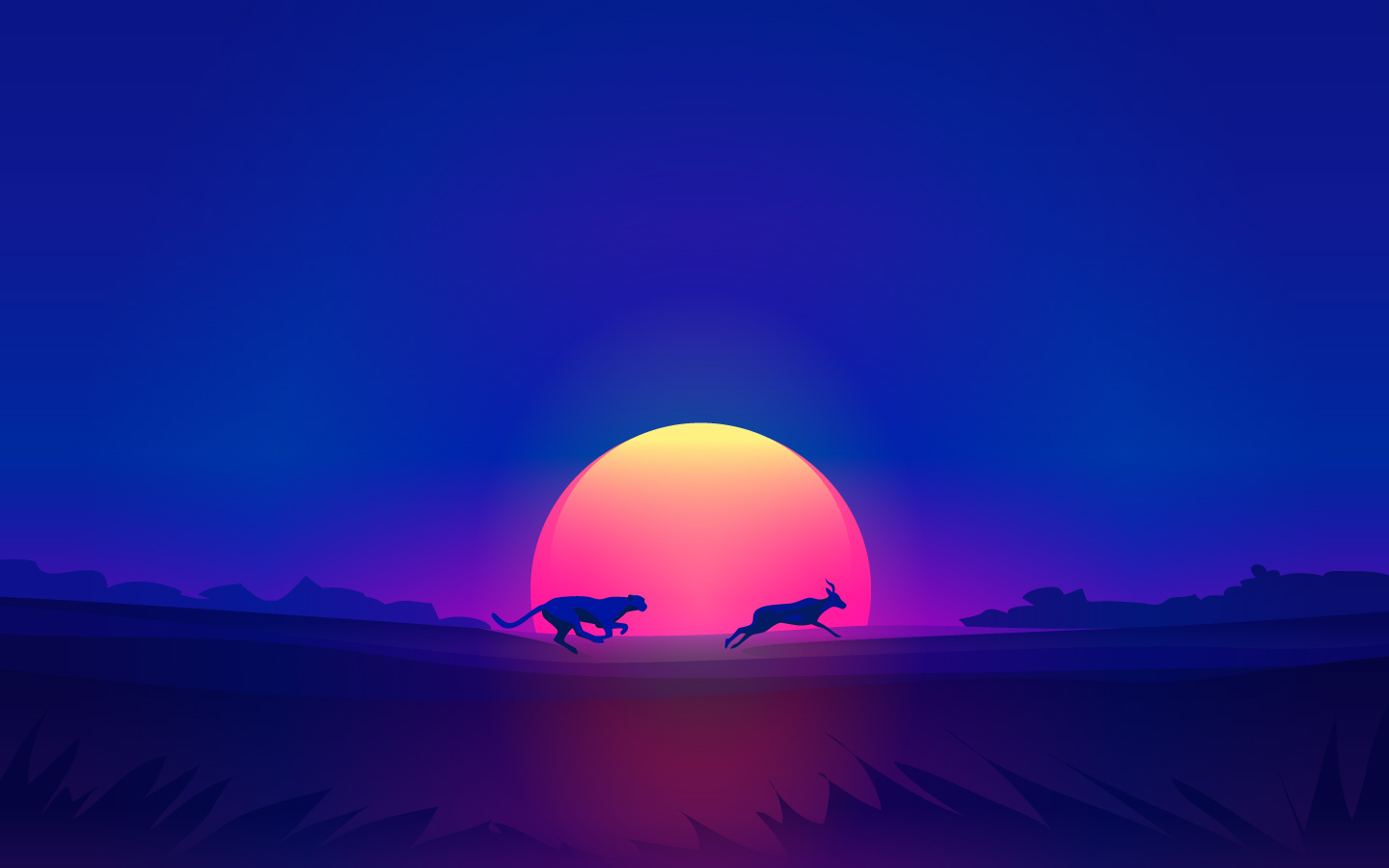 Savanna Chase – Sunset Animal Illustration animal chase cheetah digital art flat design horizon illustration jungle landscape minimal nature safari savanna sunset vector wild wildlife