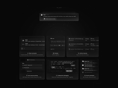 Dark Mode Dev Collaboration Hub api management branding chat commands code collaboration collaboration command center dashboard design dev dashboard developer tools linear integration minimal interface product ui productivity interface project overview real time tools smart notifications system monitoring task manager team workflow