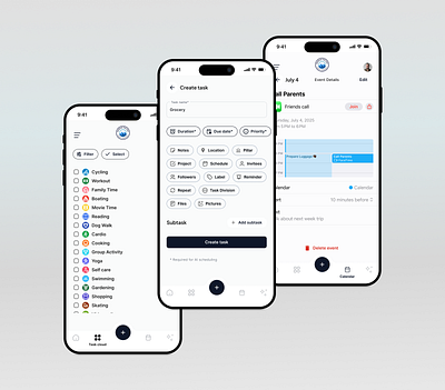 Tasks and create task ai productivity tool app design 2025 app interface calendar planner calendar ui clean mobile ui daily planning app event scheduling ios task app minimal ui mobile scheduler mobile workflow planner ui productivity app smart calendar task management app time management app to do list design ui design ux design