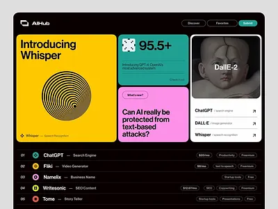 AI Tools Discovery Dashboard ai interface brand identity branding branding interface component design creative dashboard design system grid design interface inspiration modular layout product discovery startup dashboard tech platform tool showcase typography user attraction visual hierarchy web layout