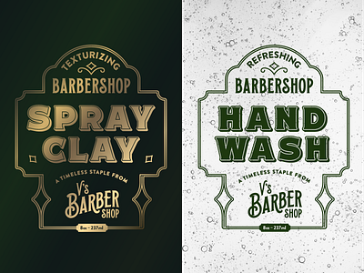 Product Label Design Concepts for V's Barbershop arkansas barber barbershop branding clean cleansing design flat grooming handwash hunter oden label labeling lockup packaging product styling typography vintage wash
