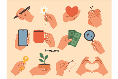 Collection of Hands Holding Various Objects activity arm bundle cartoon character collection concept elements expression finger gesture graphic design hand holding human object pack set symbol touch