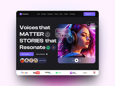 Podstream – Dark Mode Podcast Website UI Design audioplatform audiostreaming cleanwebdesign creativewebdesign darkmodeui darkui figmadesign futuristicui mediawebsite minimalwebdesign modernwebdesign podcastui podcastwebsite podstream responsivedesign streamingplatform techwebsite uiuxdesign uxdesign webdesigninspiration
