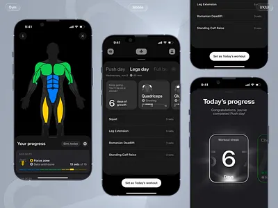 Gym Mobile Interface animation dark mode exercise gym interface logo mobile motion graphics ui