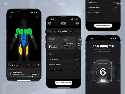 Gym Mobile Interface animation dark mode exercise gym interface logo mobile motion graphics ui