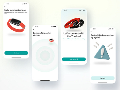 Paw track -v4 (GPS tracker collar pairing UI flow) 3d illustration clean visual dark mood edtech fintech app gps tracker gps tracking ui graphic design iphone mockup landing page location minimal design mobile ui motion graphics paw track pet apps pet ui saas app uber ui