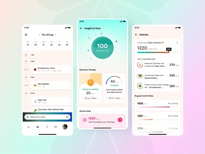 Nutrition & Calorie Tracker App UI calorietrackerui figmadesign fooddiaryapp healthappdesign healthtracker nutritionapp streaktracker wellnessapp