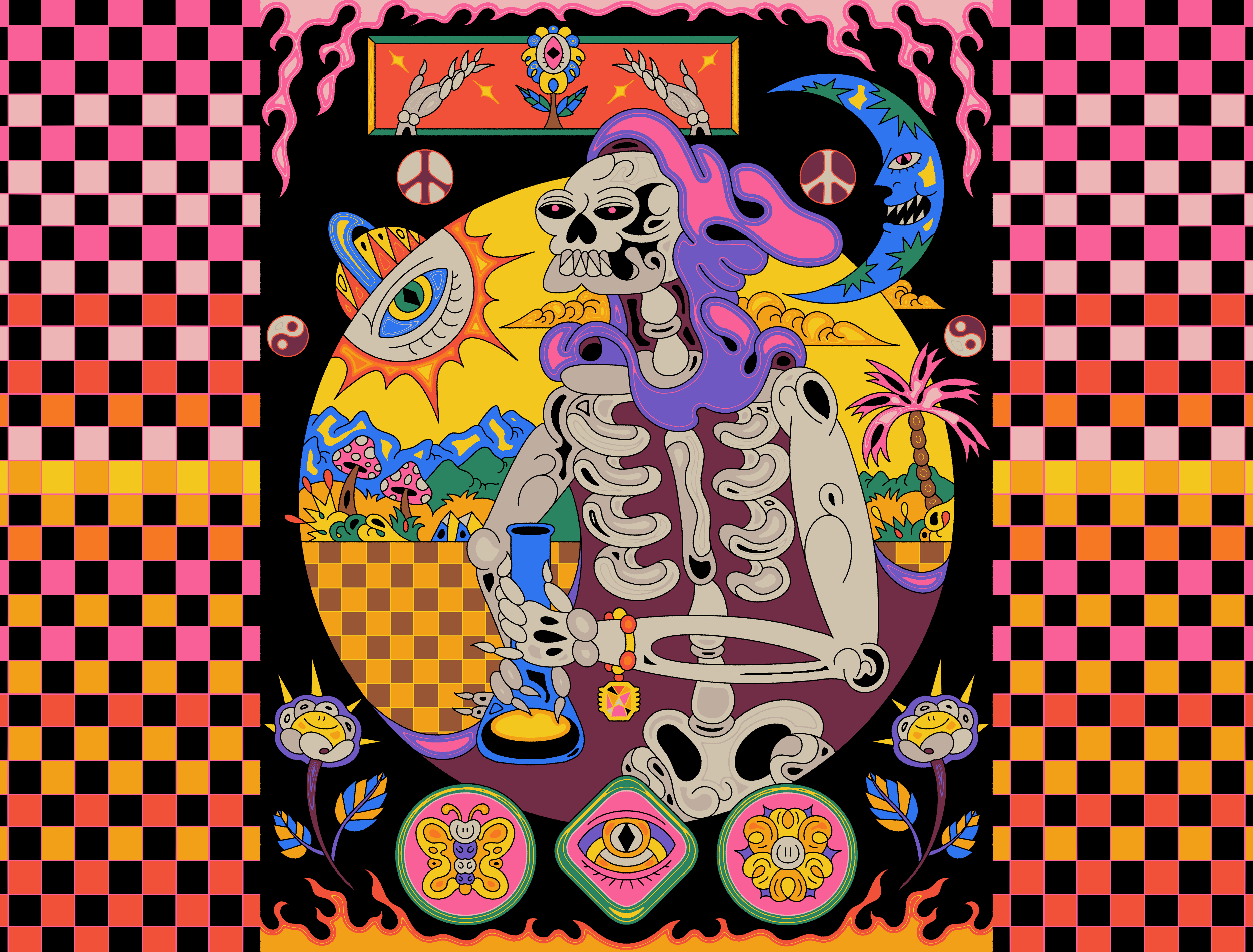 Psychedelic Skeleton Bong Trip – Trippy Surreal Illustration eye