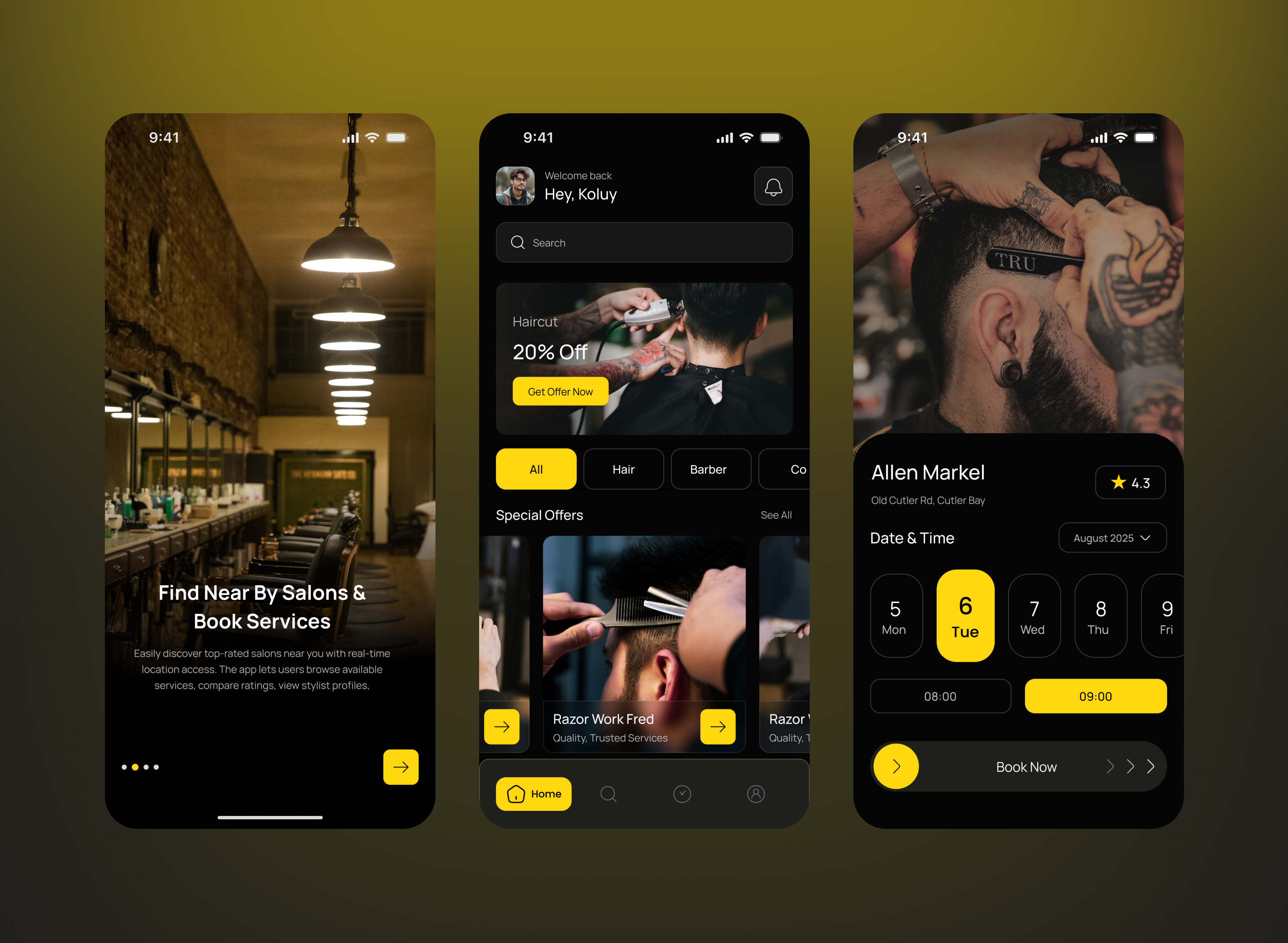Barber Shop Mobile App Design - UI app design appdesign barberapp barbershopui bookingapp haircutapp mobileapp ui uiuxdesign ux