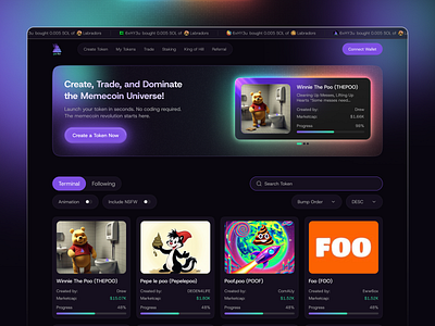 Memecoin Launchpad – Fun Meets Finance coin launch create token crypto cryptodashboard cryptoux darkmodedesign dashboarddesign finance fintech futuristicui memecoin memecoin launchpad playfuldesign solana token launch tokenlauncher web design web3ui