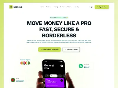 Modern Fintech Landing Page – Monexo conversion finance fintech green hero section landing page mobile money payment product saas ui ux web design webflow
