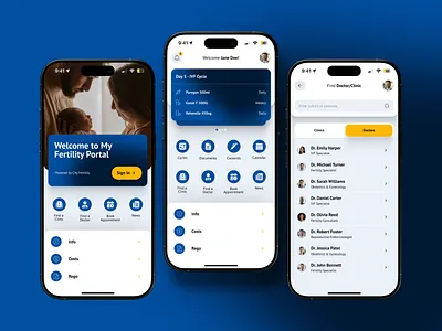 Fertility App UI – Clean, Patient-Friendly Mobile Design appointment booking ui blue ui clean ui design clinic app ui doctor finder ui fertility app design figma mobile ui health app ui hospital app design ivf app ui medical mobile app mobile app ui modern healthcare app patient portal design user friendly app