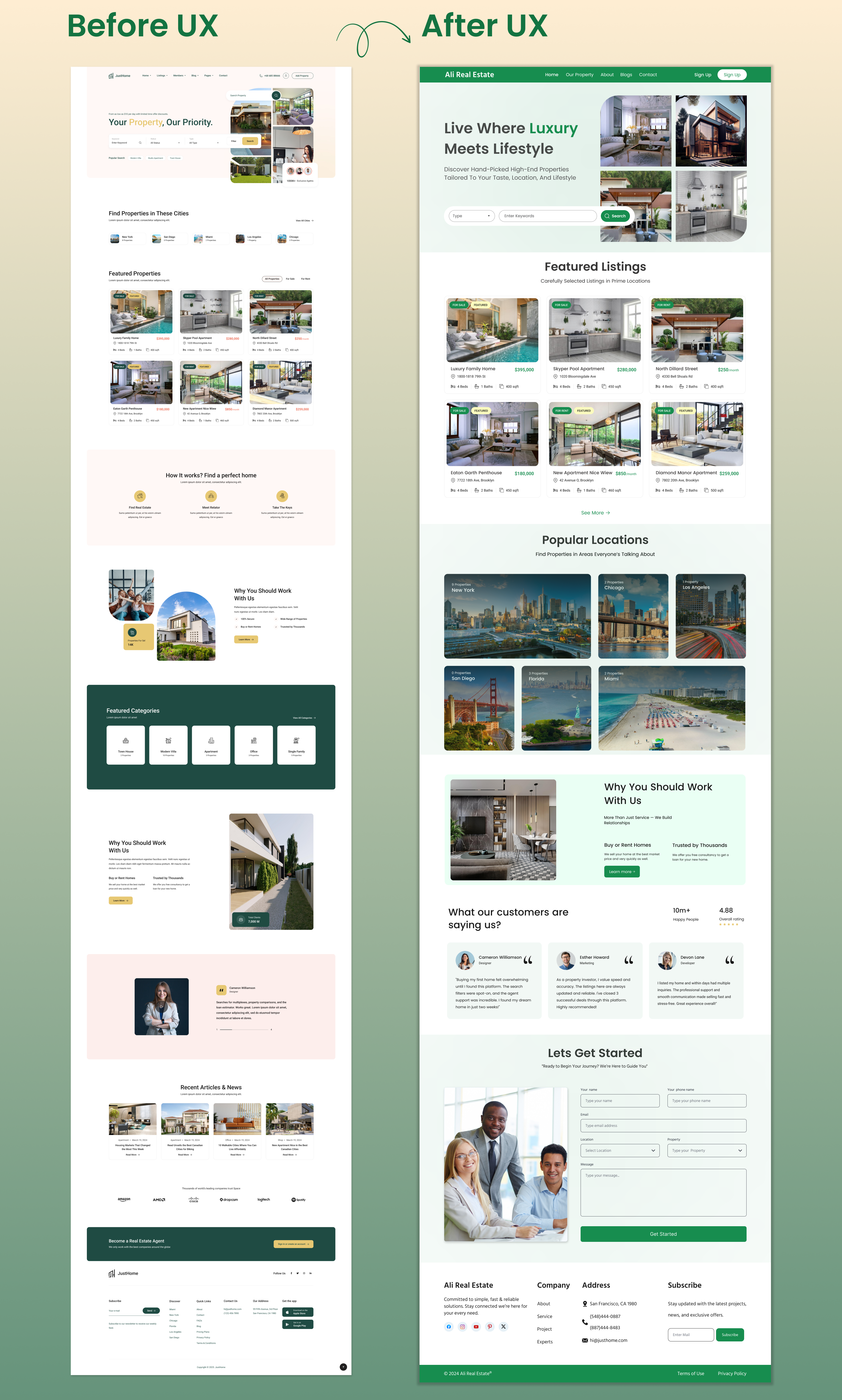Modern Real Estate Landing Page Redesign – Before & After before and after ux branding figma figmadesign landing page landingpageredesign real estate redesign realestatedesign ui ui designer ui ux design uidesign uiux uiux designer uxdesign website design website ux