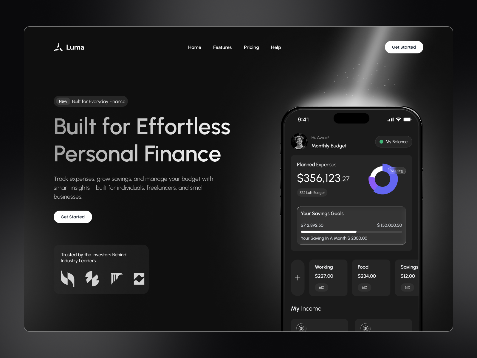 Luma — Smart Finance Tracking App finance app landing page finance hero section hero section homepage landing page product design product landing page ui ux ux ui design web design website design