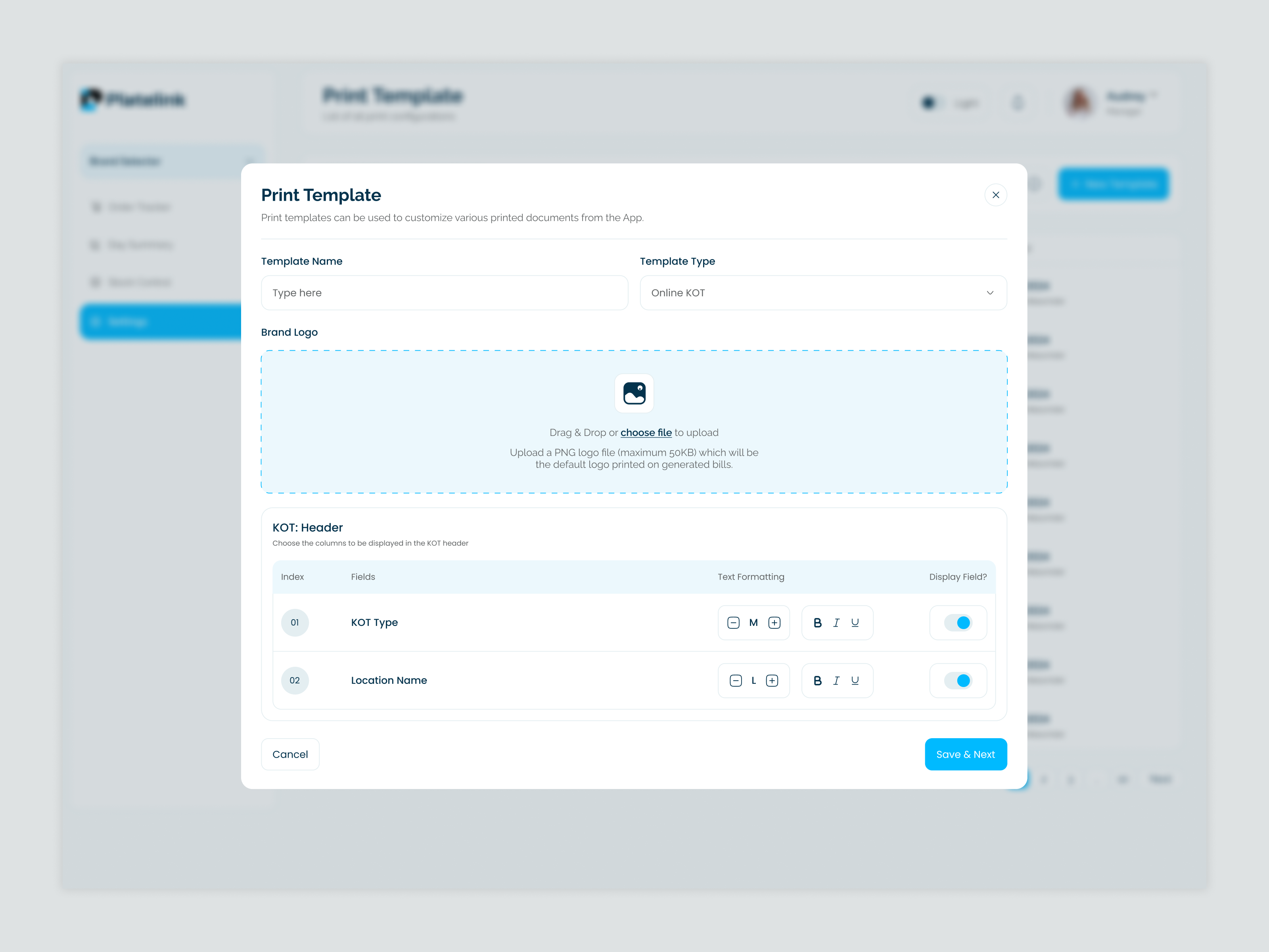 Example of AI Restaurant Sales Automation Software KOT Settings Flow