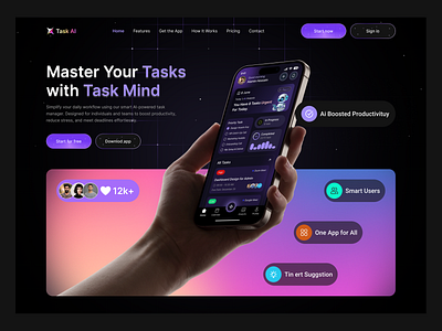 AI Task Manager Landing Page – Modern UI Design ai design ai task manager app landing page app showcase clean ui dark mode ui dashboard design design inspiration futuristic ui gradient design hero section landing page design mobile first modern ui productivity app smart tasks task management ui desig ux design web design