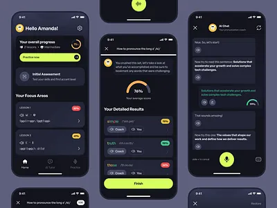 Accent Coach Mobile App Design accent app dark dashboard design gamification language mobile neon progress pronunciation ui words