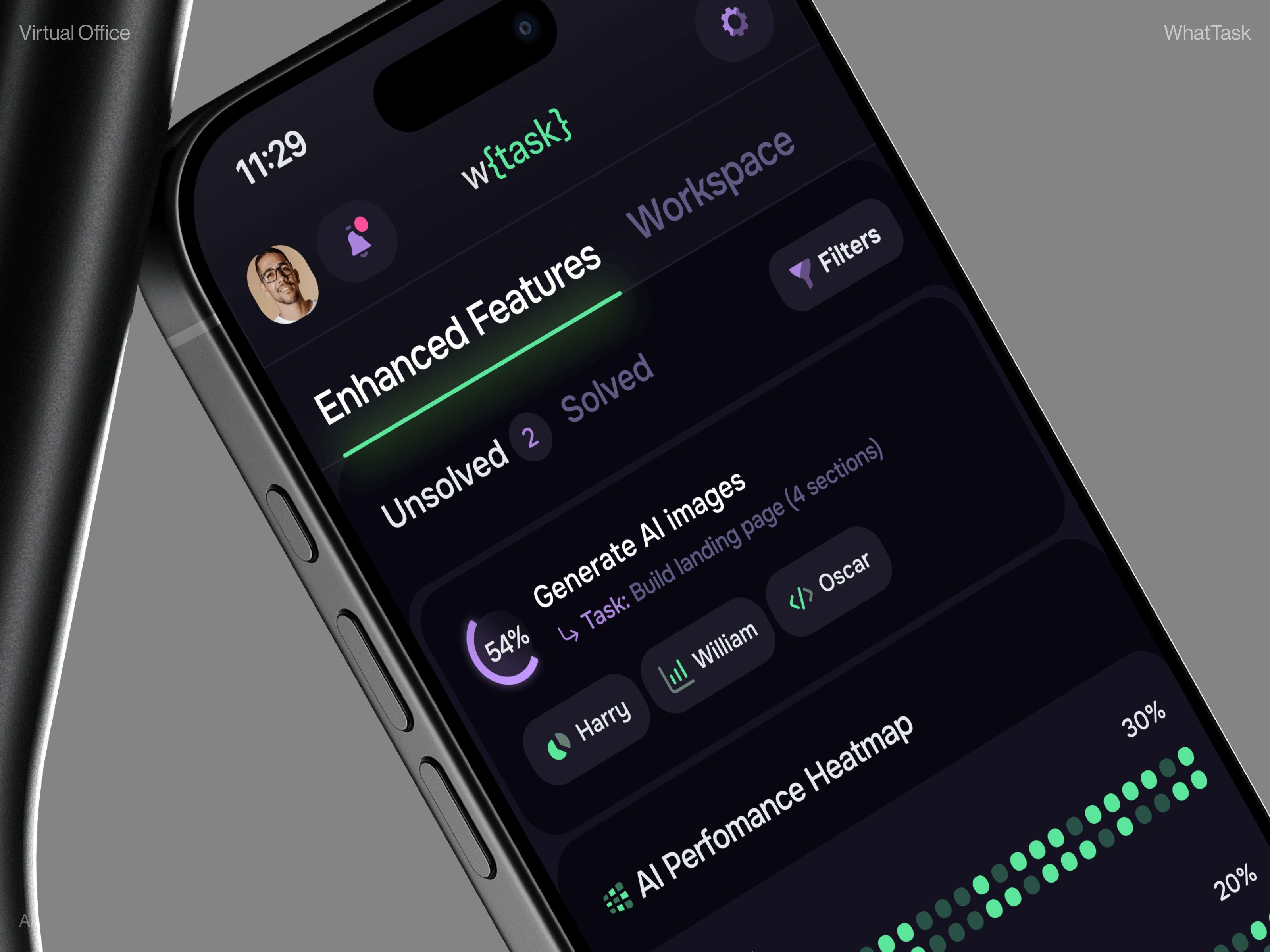WhatTask: AI Virtual Office Management ai app design ai assistant ai dashboard ai fintech ai platform ai startup ai technology artificial intelligence automation crypto app dashboard ui etherium finance mobile design platform product design saas dashboard tasks token web3 design