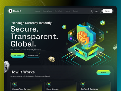 Fintech Currency Exchange Landing Page Design - GlobeX bank bitcoin crypto crypto currency crypto wallet currency currency exchange landing page ethereum exchange finance fintech landing page landing page design money exchange product product design typography web design website website design