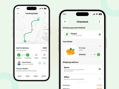 Grocery Mobile App - Order Tracking & Checkout page appdesign checkoutscreen deliveryapp figmadesign foodappdesign groceryapp iosapp minimaldesign mobilecheckout mobileui moderndesign onlineshopping ordertracking productdesign shoppingapp shoppingcart trackingui uidesign userinterface uxdesign