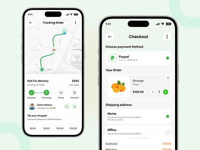 Grocery Mobile App - Order Tracking & Checkout page appdesign checkoutscreen deliveryapp figmadesign foodappdesign groceryapp iosapp minimaldesign mobilecheckout mobileui moderndesign onlineshopping ordertracking productdesign shoppingapp shoppingcart trackingui uidesign userinterface uxdesign