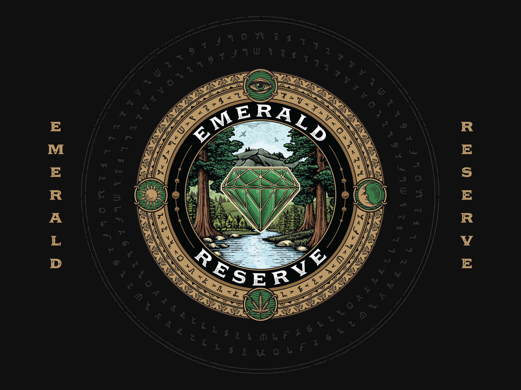 Emerald Reserve artisan branding california cannabis cbt creek design diamond distillery emerald forest illustration label design logo logo design redwood river tree vintage weed