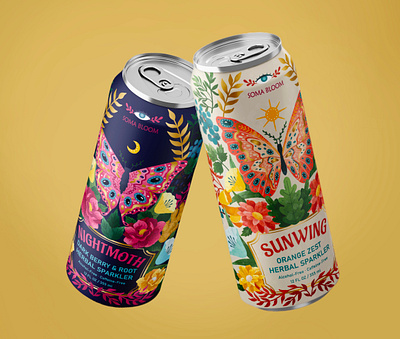Soda can packaging design 2d illustration adobe photoshop advertising branding butterfly can packaging design esoteric floral flowers graphic design illustration label design moth packaging packaging design print