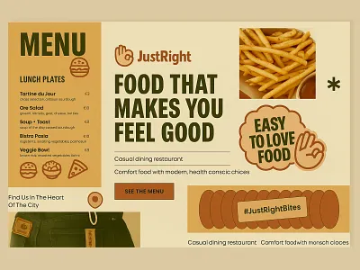 JustRight Menu Design 🍟 bold typography casual dining comfort food engaging graphics food branding icon driven layout justright restaurant menu design modern aesthetics restaurant marketing urban eatery visual identity