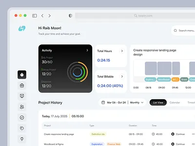Loopin - Time Tracker Dashboard chart clean dashboard modern saas time time management time tracker time tracker app time tracking timer todo dashboard