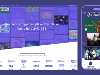 Game studio customer page branding landing page mobile web design