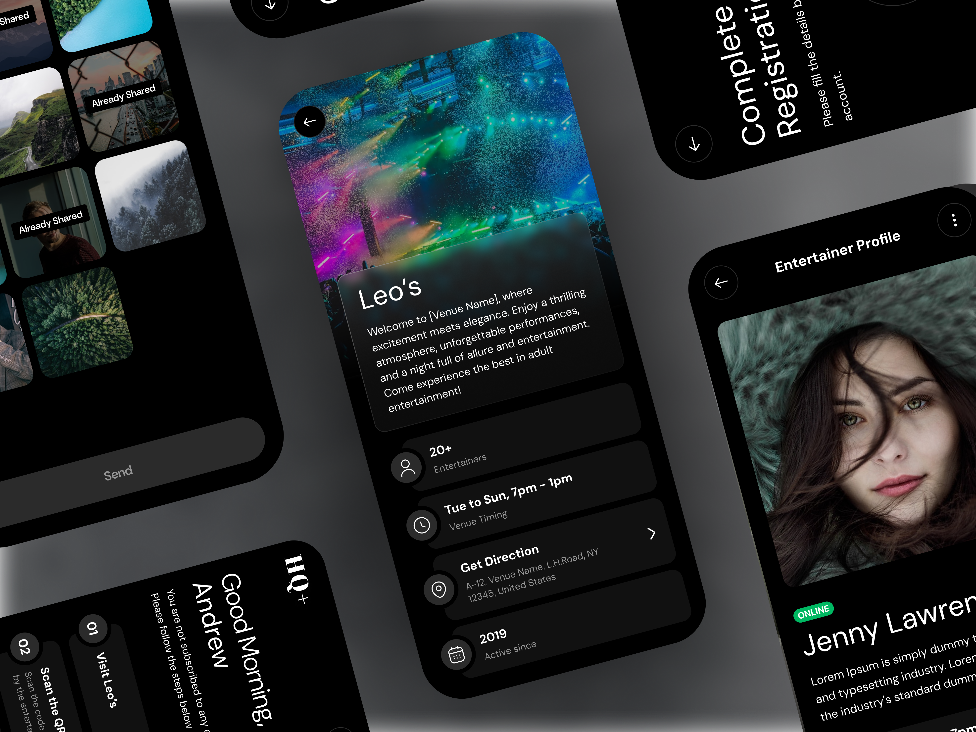 HQ+ | Concert & Venue Experience App (Dark Mode UI Preview) animation app design app ui design app visual design branding figma graphic design illustration logo mobile app ui ux design motion graphics ui ui design ux ux design