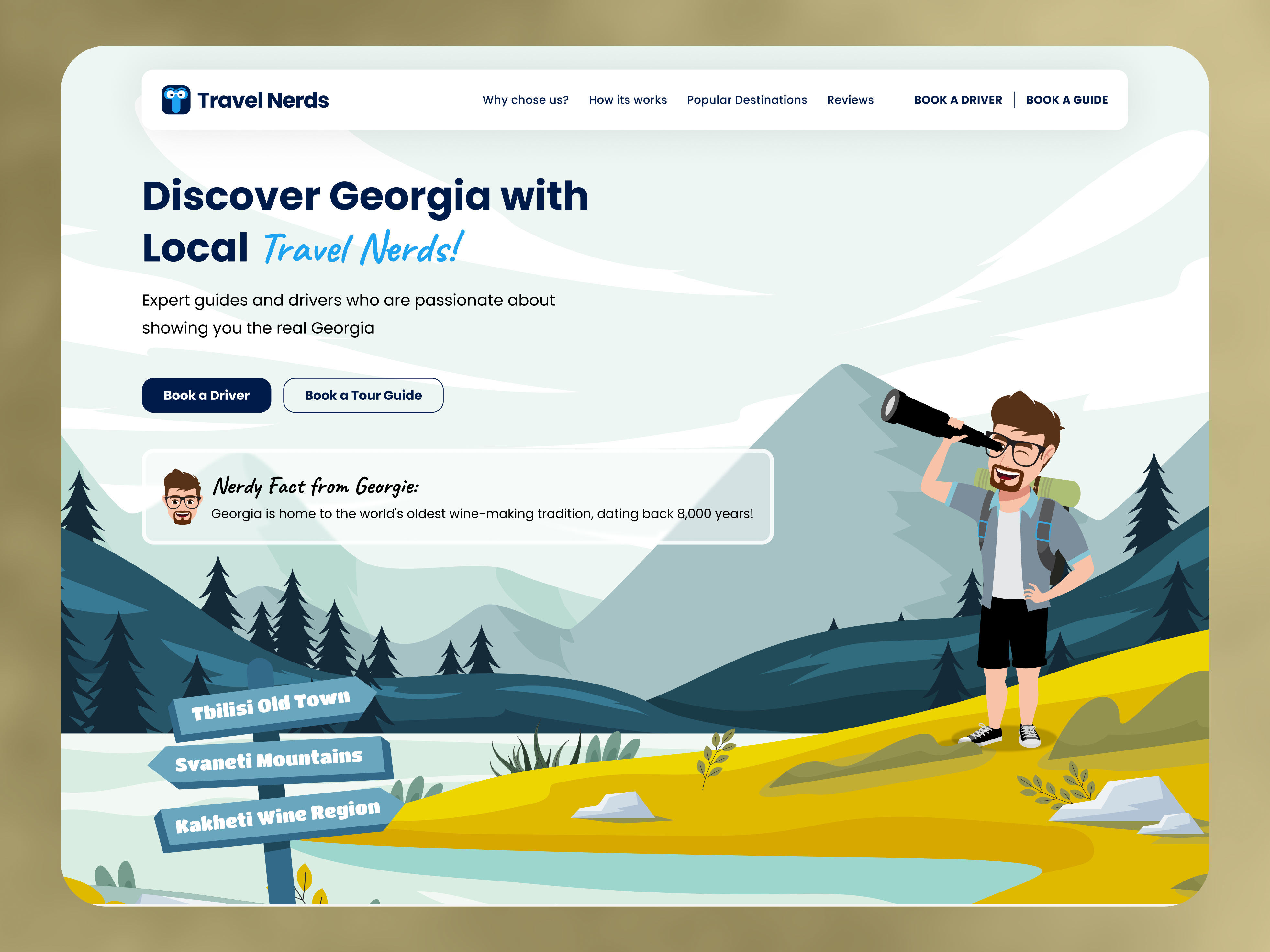 Discover Georgia with Travel Nerds – Your Local Adventure Expert 3d animation app design design figma guided travel experiences illustration logo motion graphics typography ui ui design ui ux design ux vector