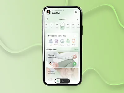 Mood Tracker App – UI/UX Design ai app concept app design app motion calender daily tracking emotion icons green habit tracker health app illustration meditation mental health minimal mood tracker motion graphics onboarding ui ux yoga
