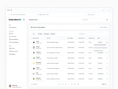 Applied Jobs Tracker Dashboard UI application tracking career platform clean interface dashboard design filtering dashboard hiring interview tracker job job board ui job management job search ui minimal modern ui productivity tool saas platform saasfactor top design agency ui design ux design web app ui