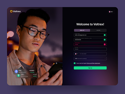 Crypto Trading Platform – UI Sign-Up Page crypto exchange crypto interface crypto platform dark mode ui financial app fintech fintech design login page neumorphism product design register sign up signup form trading ui ui ux design user onboarding web app design web design web3 website design