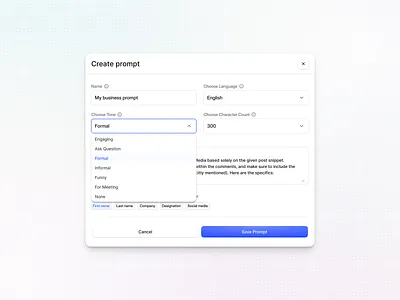 Create Prompt modal widget UI ai assistant ai prompt builder ai tool ui ai writing tool automation clean interface component custom form ui modal ui modern productivity ui prompt editor saas dashboard saasfactor social media top design agency ui design ux design widget design