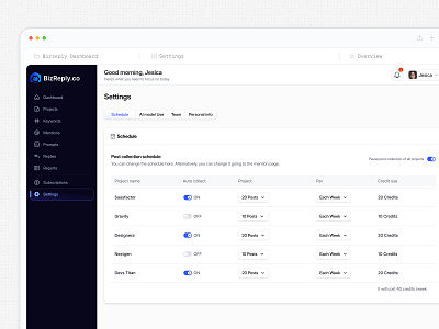 AI Content Dashboard Settings UI admin interface ai post scheduler ai tools ui automation clean ux content planner control dashboard ui management manager productivity project saas design saasfactor scheduler settings team toggle top design agency utility