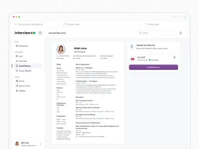 Resume Upload & Profile View UI Design candidate career tracker clean layout dashboard ui hiring platform interview job application job board minimal ui modern portal profile resume upload saas dashboard saasfactor top design agency tracker ui design ux design web app