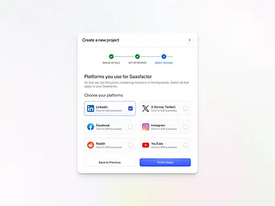 Social Platform Selection Widget UI b2b component dashboard widget design system flow form design minimal ui multi step form onboarding ui product setup saas saas product saasfactor selector social media widget stepper ui top design agency web app design widgets