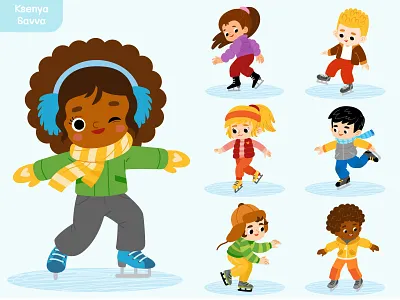 Cute cartoon characters on ice rink adobe illustrator cartoon character character design children cute design for kids ice rink ice skating illustration kawaii mascot vector winter