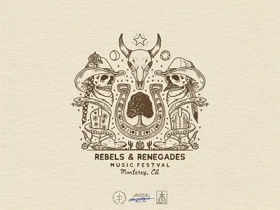 Rebels & Renegades Music Festival boots brand design brand identity branding branding design cowboy hand drawn horseshoe identity design illustration logo logo design merch skeleton skull sun tree vintage visual identity western