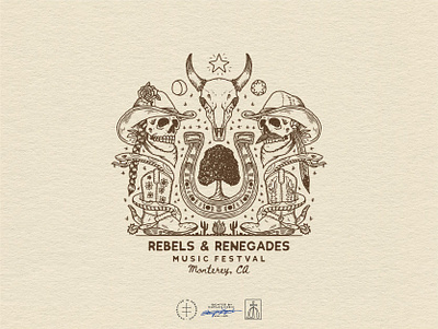 Rebels & Renegades Music Festival boots brand design brand identity branding branding design cowboy hand drawn horseshoe identity design illustration logo logo design merch skeleton skull sun tree vintage visual identity western