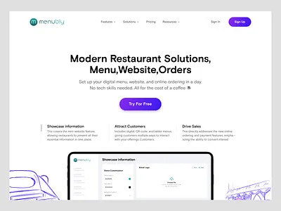 Menubly – Restaurant Website Design food delivery food website hero section interface landing page management menu modern restaurant solutions modern solution modern website online ordering reservation restaurant management restaurant solution saas saas solution ui ux wavespace web design